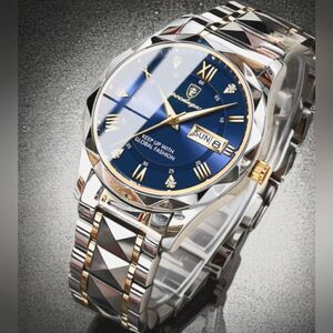 Men's Blue and Gold Poedagar Quartz Watch with Stainless Steel Band